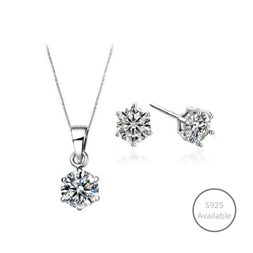 Classic Solitaire 925 Sterling Silver Jewelry Set (Necklace + Earrings)
