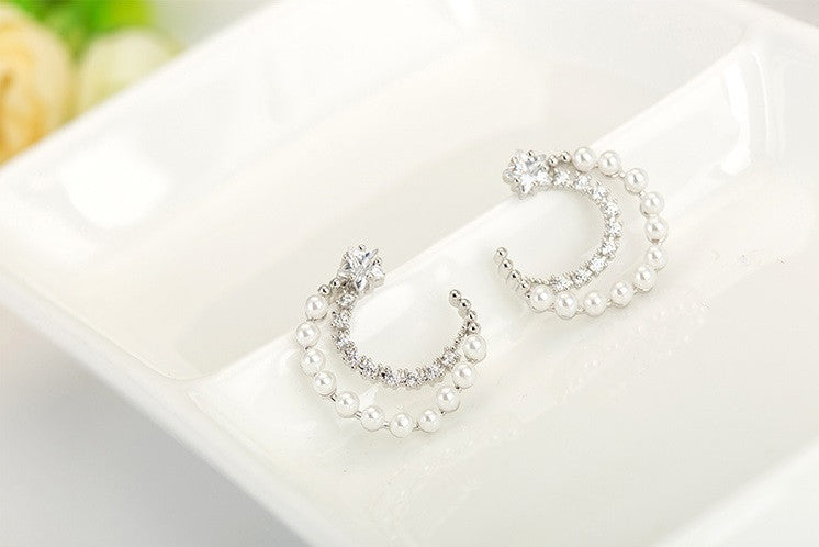 Quarter Moon Pearl Stud Earrings