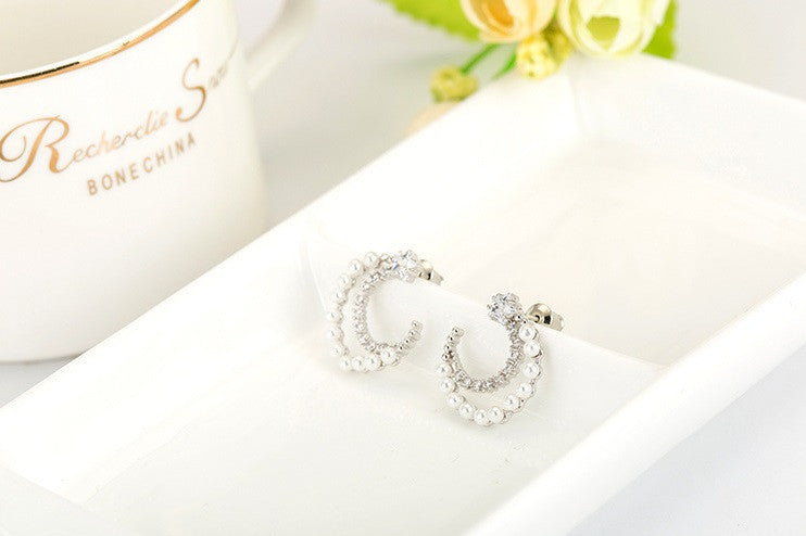 Quarter Moon Pearl Stud Earrings