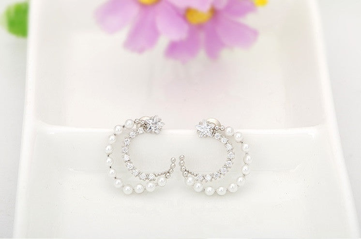 Quarter Moon Pearl Stud Earrings