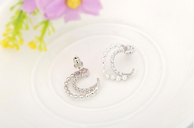 Quarter Moon Pearl Stud Earrings