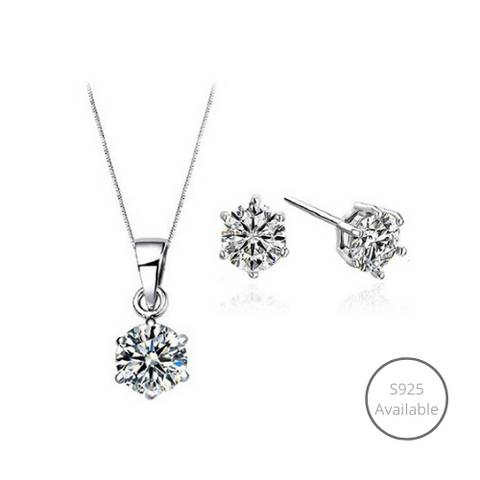 Classic Solitaire 925 Sterling Silver Jewelry Set （Necklace + Earrings)