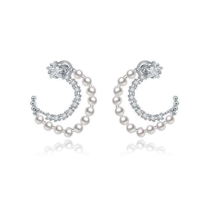 Quarter Moon Pearl Stud Earrings