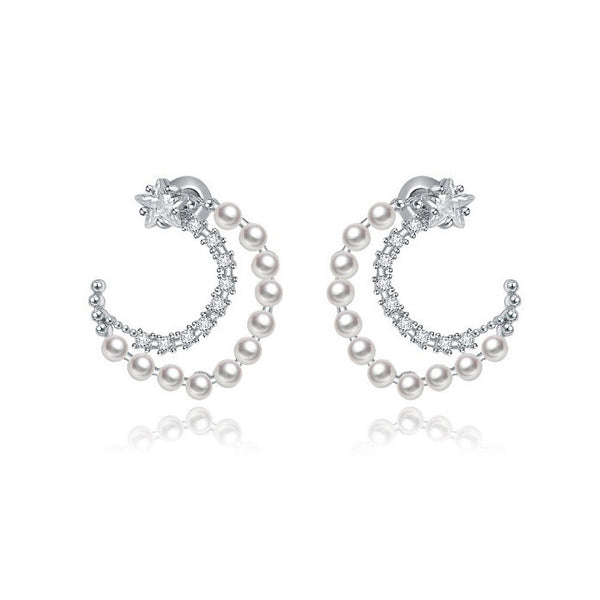 Quarter Moon Pearl Stud Earrings