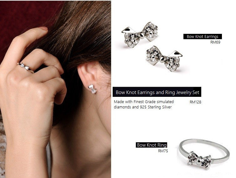 Bow Knot 925 Sterling Silver Jewelry Set (Earrings + Ring) - VivereRosse