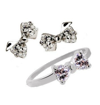 Bow Knot 925 Sterling Silver Jewelry Set (Earrings + Ring) - VivereRosse